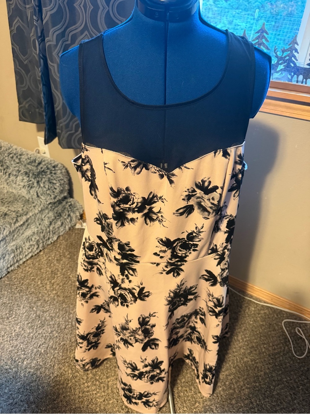 Trixxi blush Dress with Black Floral Print and Black Mesh Yoke